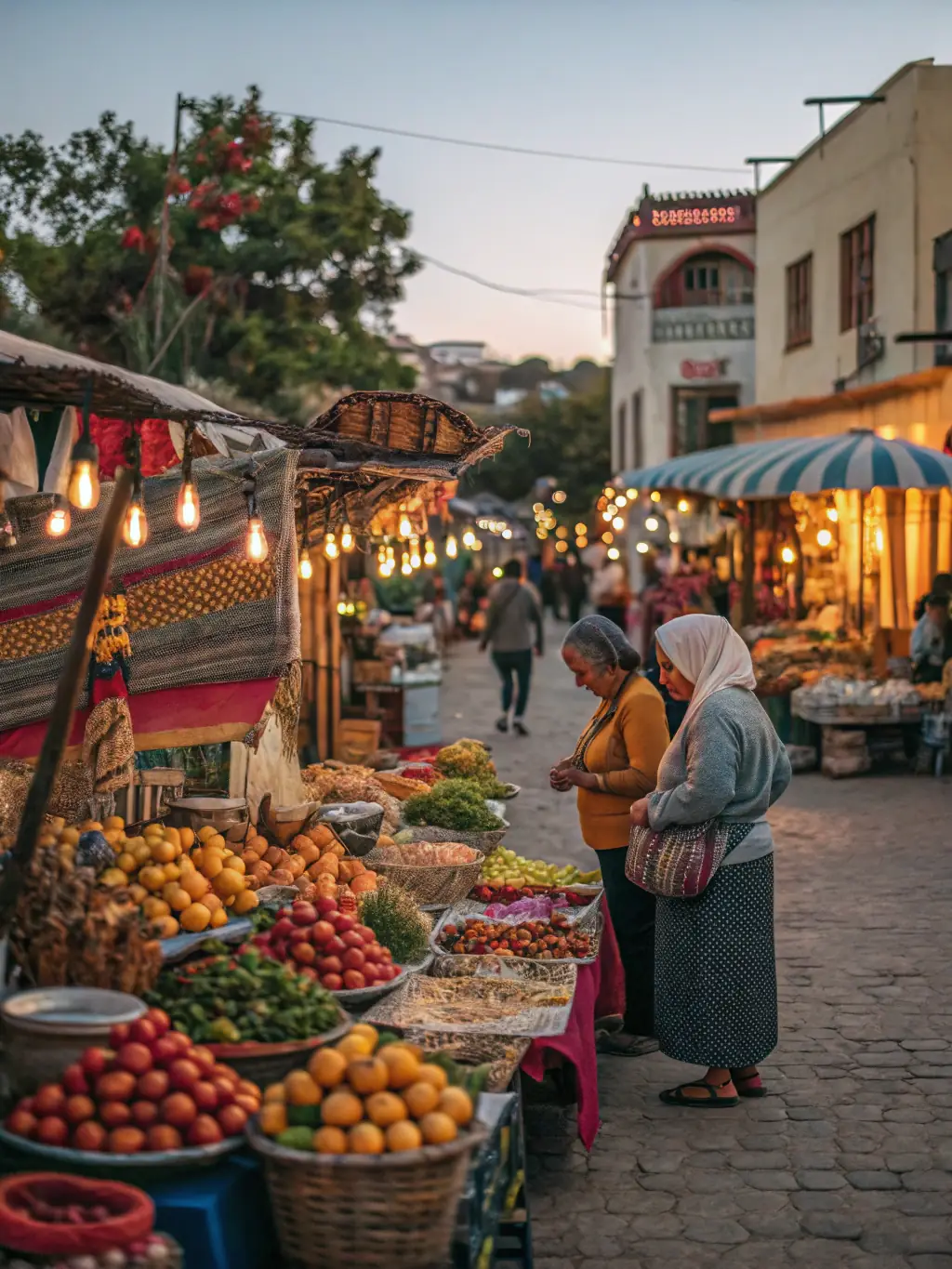 A vibrant image of a local farmers market, showcasing a variety of fresh produce and community interaction.