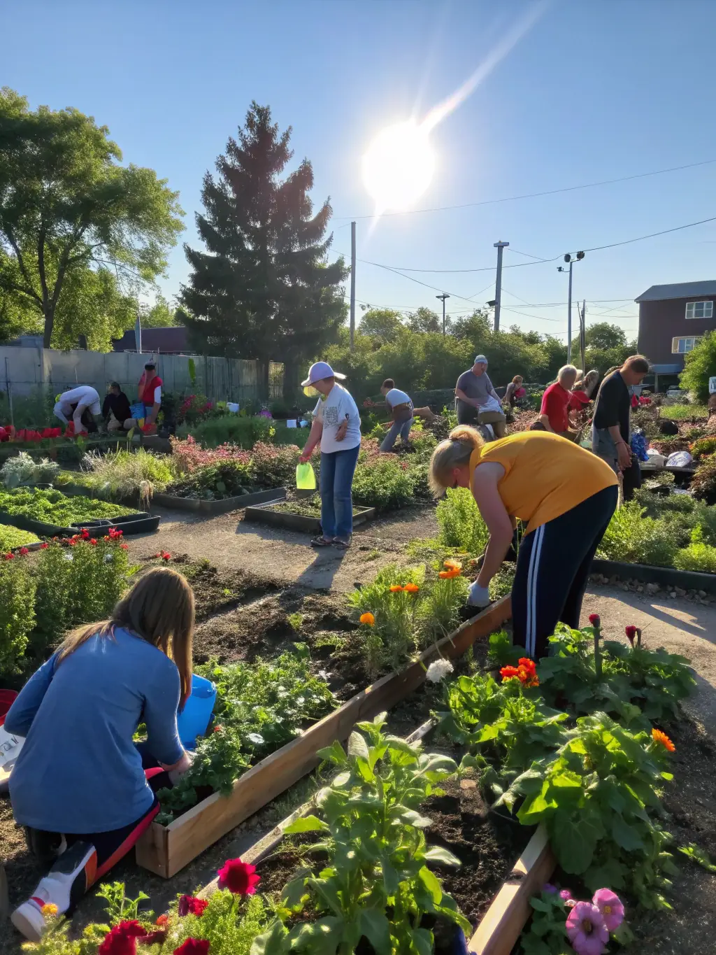 A diverse group of community members are working together in a community garden, supported by AASPV's community development program.