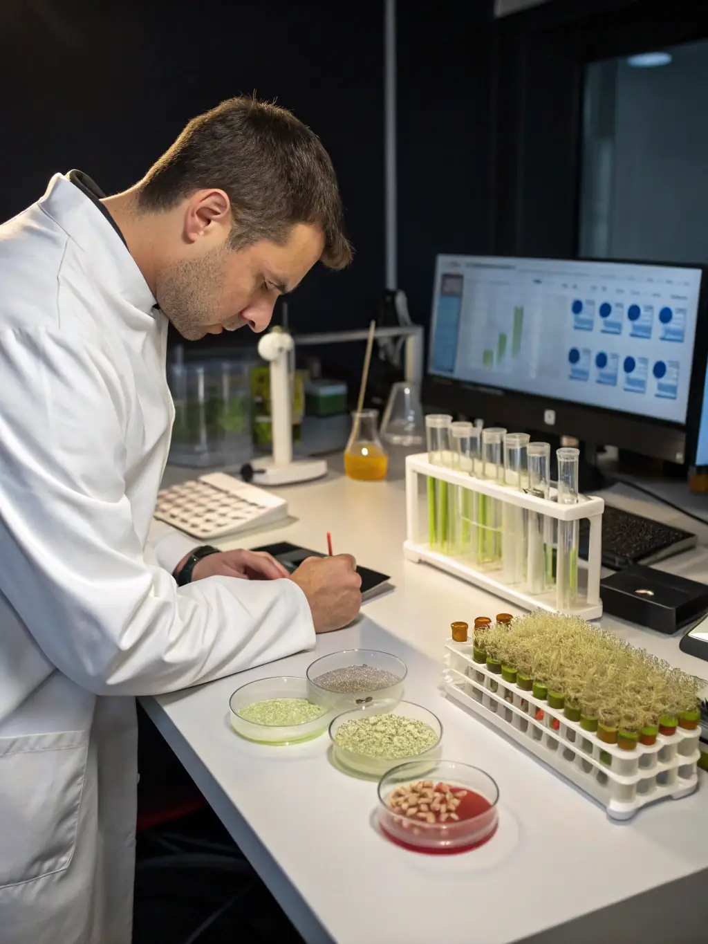 A researcher is examining soil samples in a lab, representing AASPV's commitment to agricultural research and innovation.