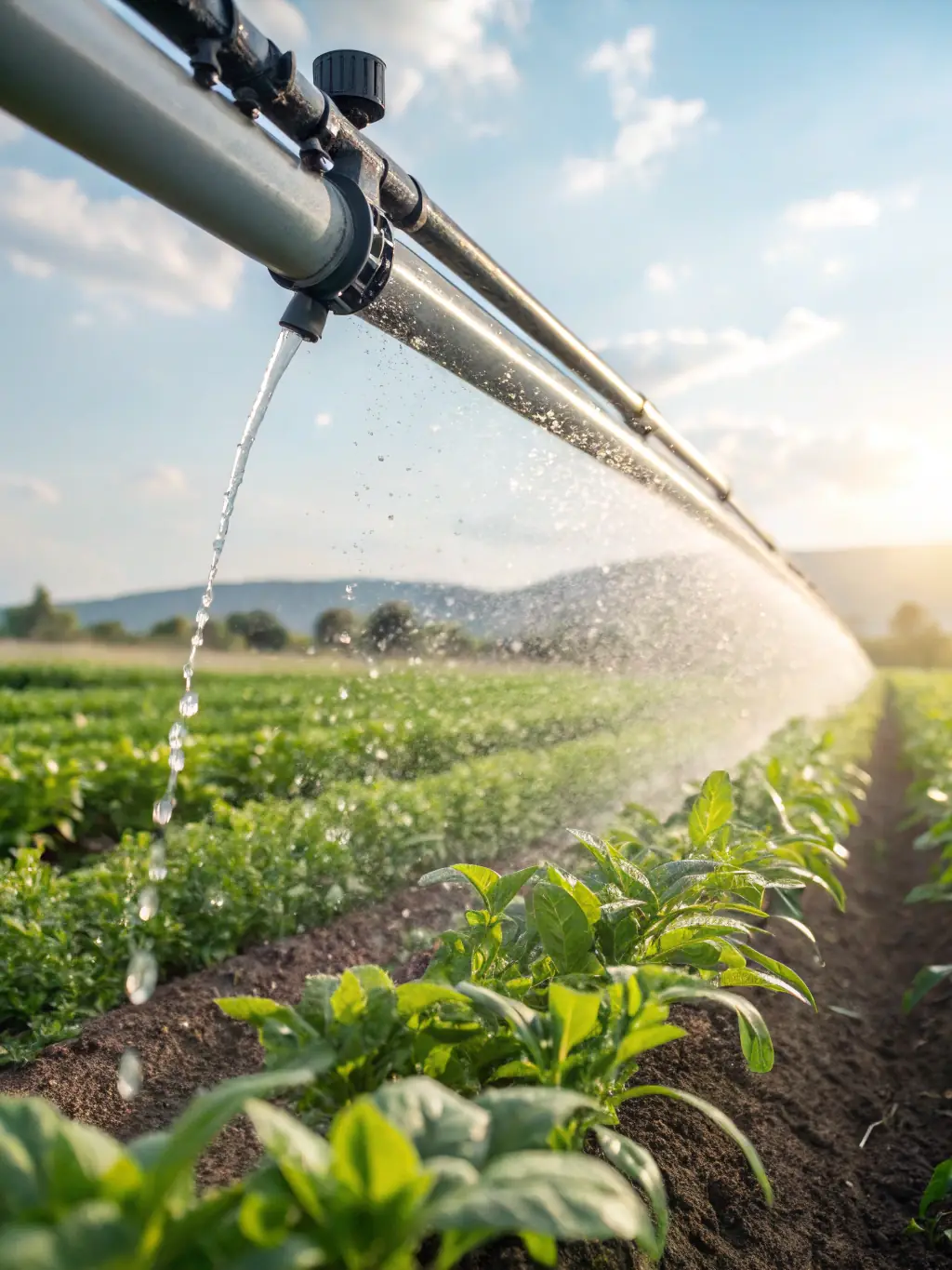 A close-up shot of a farmer using a modern irrigation system in their field, showcasing the technology promoted by AASPV.