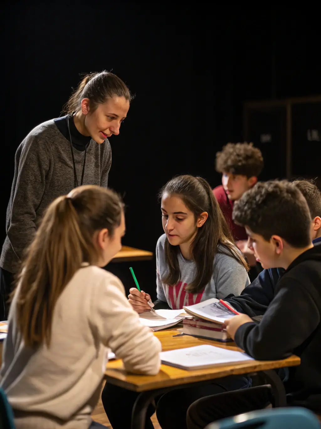 A focused shot of individuals learning a new language in a classroom setting at Espace Magnan, highlighting the interactive and educational aspect.