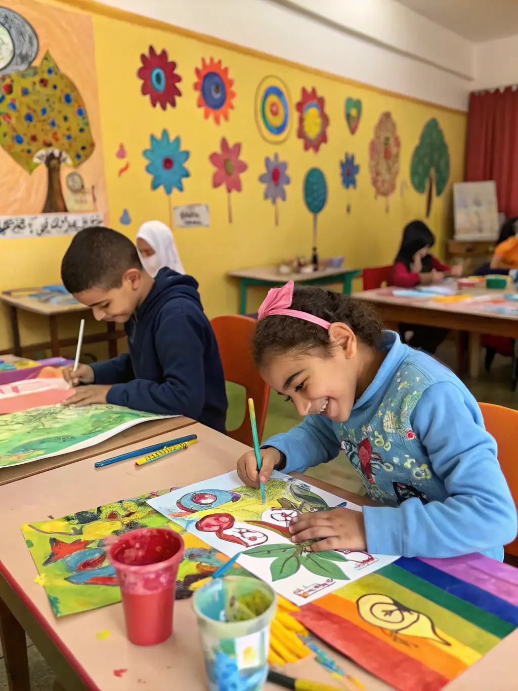 A vibrant photograph capturing children participating in an art workshop at Espace Magnan, showcasing their creativity and engagement.